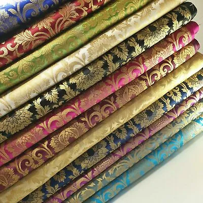 £2.99 • Buy Damask Floral Gold Metallic Jacquard Banaras Brocade Dress Craft Fabric By Meter
