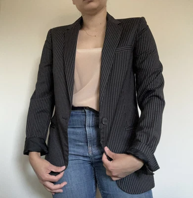 $20 • Buy Mango Pinstriped Black White Fitted Blazer Small