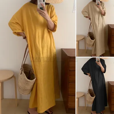 $26.58 • Buy ZANZEA Women Pure Cotton Crew Neck Kaftan Solid Full Sleeve Long Maxi Dress Plus