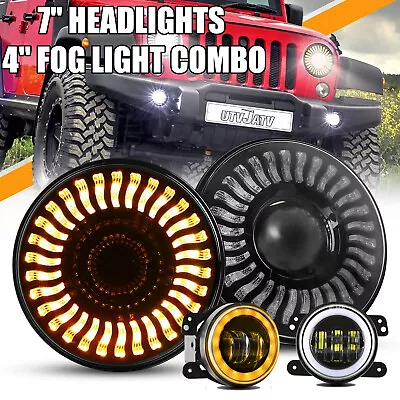 $146.99 • Buy 7'' LED Headlights 4'' Fog Lights Combo Kit For Jeep Wrangler JK CJ Demon Halo