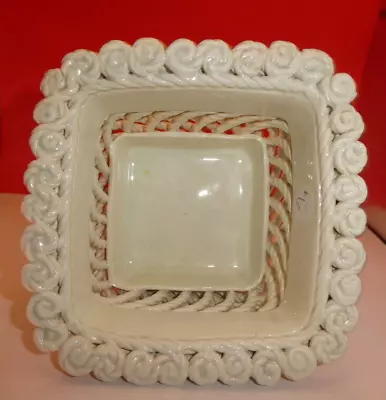 Vtg Woven Rope Ceramic Pottery Basket Planter White Glazed Spain 6  X 6  X 4.5  • $28.55