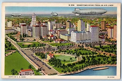 Miami Florida Postcard Downtown Miami Air Liner Buildings Lake Road Trees 1940 • $12.95