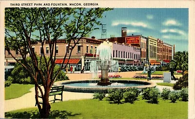 Third Street Park And Fountain Macon Georgia GA Linen Postcard • $4.99