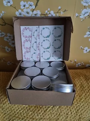 Empty Silver Metal Candle Making Tins Crafting Box Of 16 With Labels • £9.99