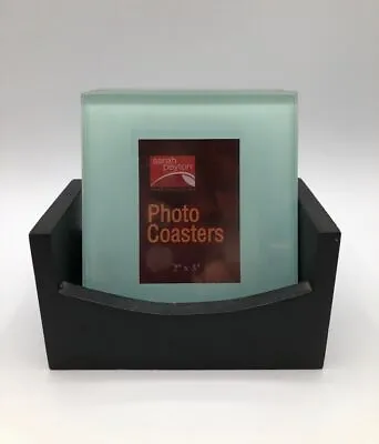Vintage Sarah Peyton 4 Glass Photo Coasters With Wooden Holder 2  X 3  Pics • $4.99