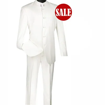 HAS TO GO! Sharp Banded Collar Nehru Church Suit WHITE Size 44 Long $299+ • $62.95