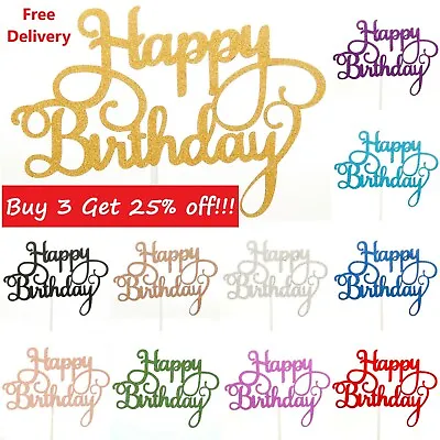 Happy Birthday Cake Toppers Glitter Calligraphy Bling Sparkle Decoration Sign UK • £1.99