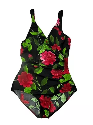 Vintage Jantzen One Piece Swimsuit Floral Black Ruched Tropical Size 14 • $45