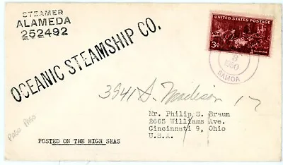 Cover Usa 1950  Posted On High Seas  Steamship From Pago Pago Samoa To Ohio • $35