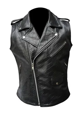 Mens Sleeveless Brando Style Biker Vest Alligator/Crocodile Leather Black Jacket • £64.99