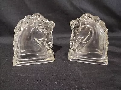 Vintage Clear  Federal Pressed Glass Horse Head Bookends Art Deco Or War Horse • $17