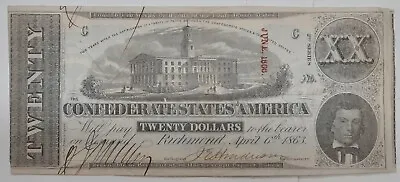 1863 CSA Twenty Dollar Note T-51 Capitol At Nashville   VF+ Cancelled • $74.95