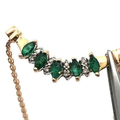 Designer 14K Yellow Gold Marquise Emerald Round Diamond Anniversary Necklace • $975