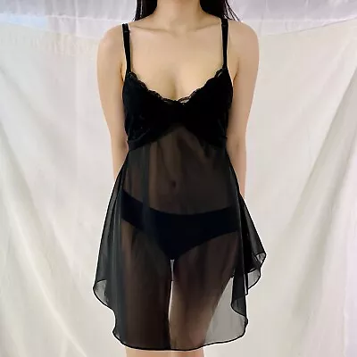 Vtg Tiffany Lingerie Black Chiffon Slip Dress Babydoll Size M/L With Back Tie • $19