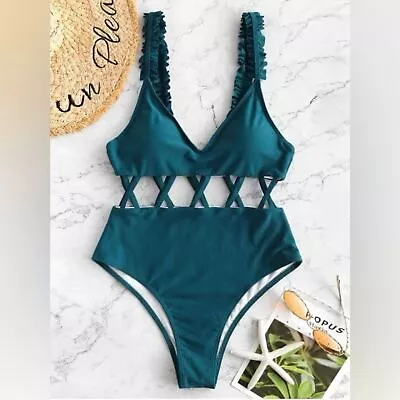 ZAFUL Teal/ Blue One Piece Swimsuit W/ Criss Cross Back And Ruffle Sleeve Size M • $25