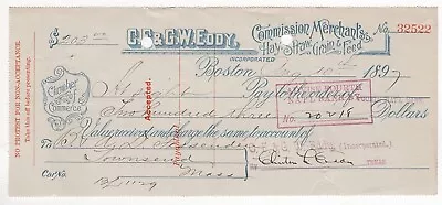 1897 Bank Check Cf & Gw Eddy Merchants Hay Straw Grain Boston Ma Fessenden • $25