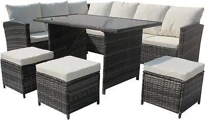 Rattan Garden Furniture 9 Seater Corner Sofa Outdoor Dining Table And Chairs Set • £399.99