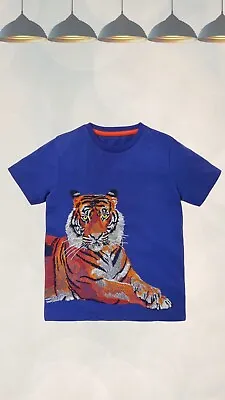 Ex Mini Boden Boy's Short Sleeve Superstitch T-shirt In Blue Wave Tiger • £14.99