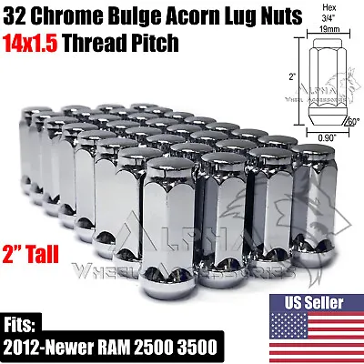 32Pc Chrome Bulge Acorn Lug Nuts M14x1.5 XL 2  Tall For Ram 2500 3500 Heavy Duty • $28.95