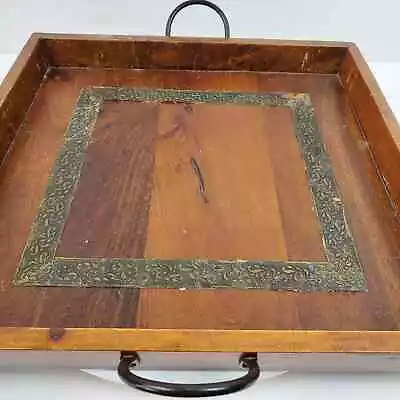 Vintage Wood Serving Tray W/ Iron Handles 15x15x2 Inch W/ Foil Strip Inset • $24