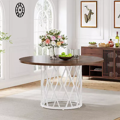 47  Wood Round Dining Table Kitchen Dinner Table With Metal Geometric Pedestal • $163.79