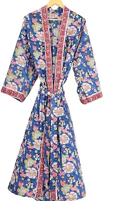 Anokhi Block Print Cotton Floral Long Kimono Bath Robe Nightwear Summer Dress • $57.17