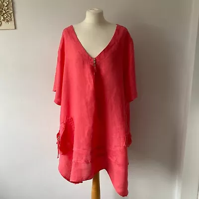 Made In Italy Coral Pink Oversized Lagenlook Tunic Top Dress Linen One Size VGC • £12.99