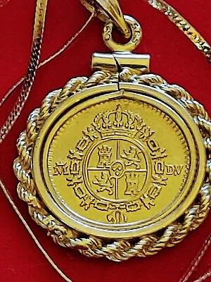 1786 Spanish .875 Gold Half Escudo 14K Gold Pendant 18  14K Gold Flat Chain 19mm • $2486