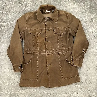 Vintage Levis Safari Jacket Mens Large Brown Corduroy Split Tail Field Coat 80s • $79.98