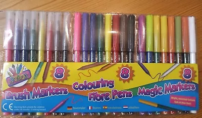 £3.99 • Buy 24 Pen Set, 8 Fibre, 8 Brush, 8 Magic Markers Colouring Pens Assorted Colours