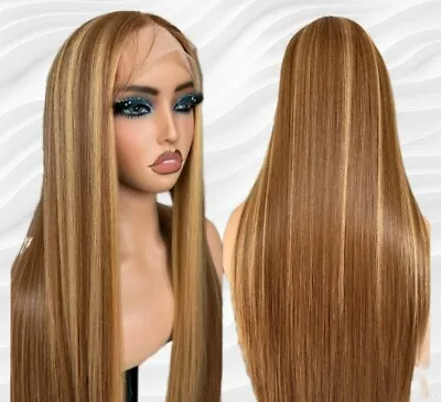 Honey Brown Blonde Wig HD Front Lace Human Hair Blend Highlights Straight 24 In • $189.99