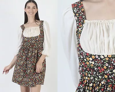 Vtg Dirndl Apron Mini Dress Austrian Oktoberfest Calico Floral Boho Sundress • $69.35