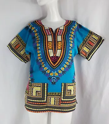 African Dashiki Print Shirt Women Small Short Sleeve • £7.71