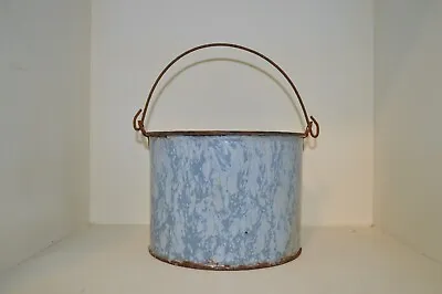 Early Antique Light Blue Marble Graniteware Berry Pail 7  Wire Handle • $27.99