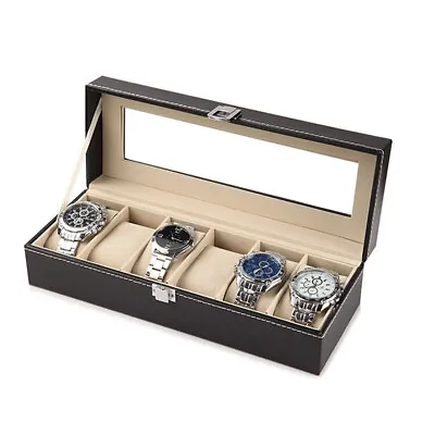 6 Slots Leather Watch Storage Box Organizer Glass Jewelry Storage Case Black • $18.99