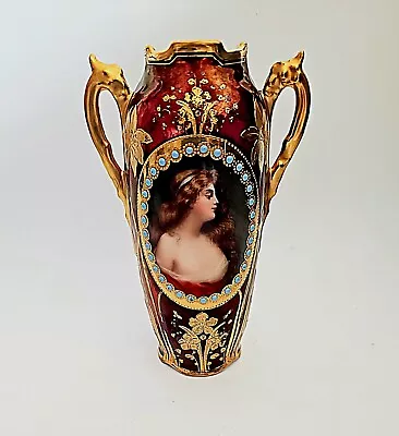 Antique Royal Vienna Style Woman Portrait Maroon Jeweled Vase . Hand Painted • $365