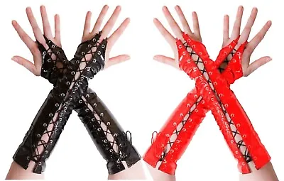 PVC Fingerless Gauntlet Gloves Corset Lace Up Gothic Steampunk Black Red • $34.42