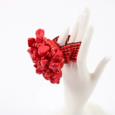 Women's Red Coral Gemstone Seed Beads Stretch Fashion Ring • $13.77