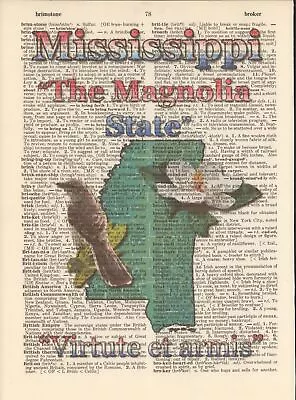Mississippi State Map Symbols Altered Art Print Upcycled Vintage Dictionary Page • $9.50