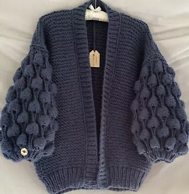 Ladies Oversized Hand Knitted Navy Blue Bobble Sleeve Cardigan • £80