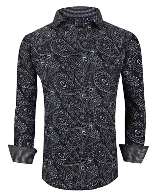 Mens PREMIERE PAISLEY BLACK Long Sleeve BUTTON UP Dress Shirt FANCY CUFFS  748 • $44.98