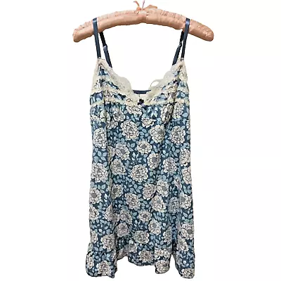 Laura Ashley Chemise Babydoll Nightgown Blue Cream Floral Pattern • $18.99