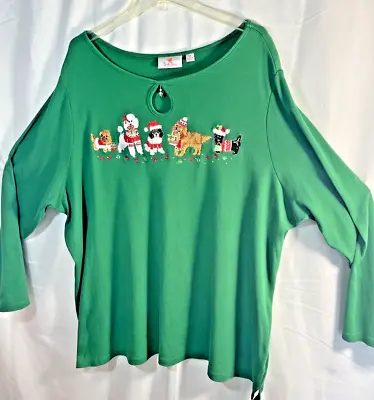 Quacker Factory Christmas Dogs Long Sleeve Shirt Plus 3X Green Pullover Keyhole • $22.95