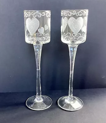 £8 • Buy A Pair Of Yankee Candle / Votive Holders Stem Glass, Pretty Etched Hearts