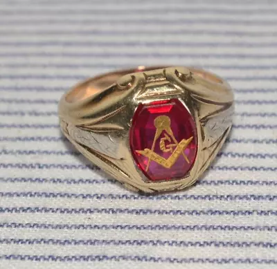 Vintage 10k Yellow Gold Red Stone Mens Freemason Masonic Mason Ring Size 9.25 • $299.99