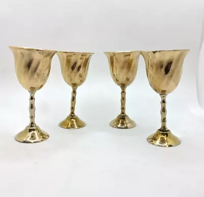 Vintage 4  Polished Brass Cups Mini Goblets Cordial Wine Shot Glasses Set Of 4 • $12