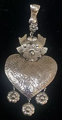 Large 4” Handmade Mexican Sterling Silver Hand Love Bird Heart Pendant • $120