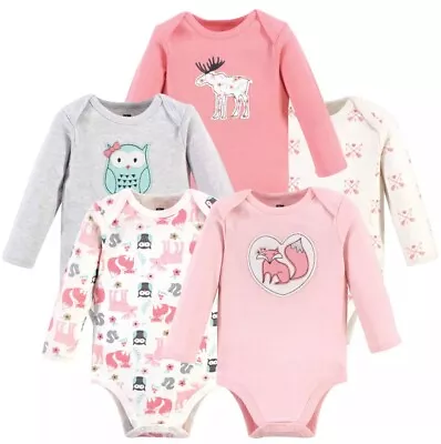 Hudson Baby Infant Girl Cotton Long-Sleeve Bodysuits 5pk Pink Forest 0-3 M • $18.99