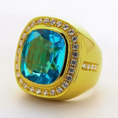 Huge Natural Men's Blue Topaz Ring Men's 14K Yellow Gold Ring New • $495