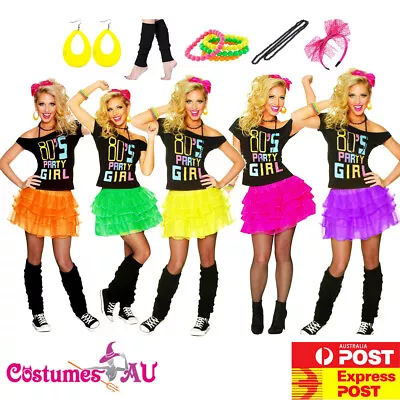 80s Party Girl T-shirt  Skirt Costume Full Set 1980s Dance Fancy Dress • $43.69